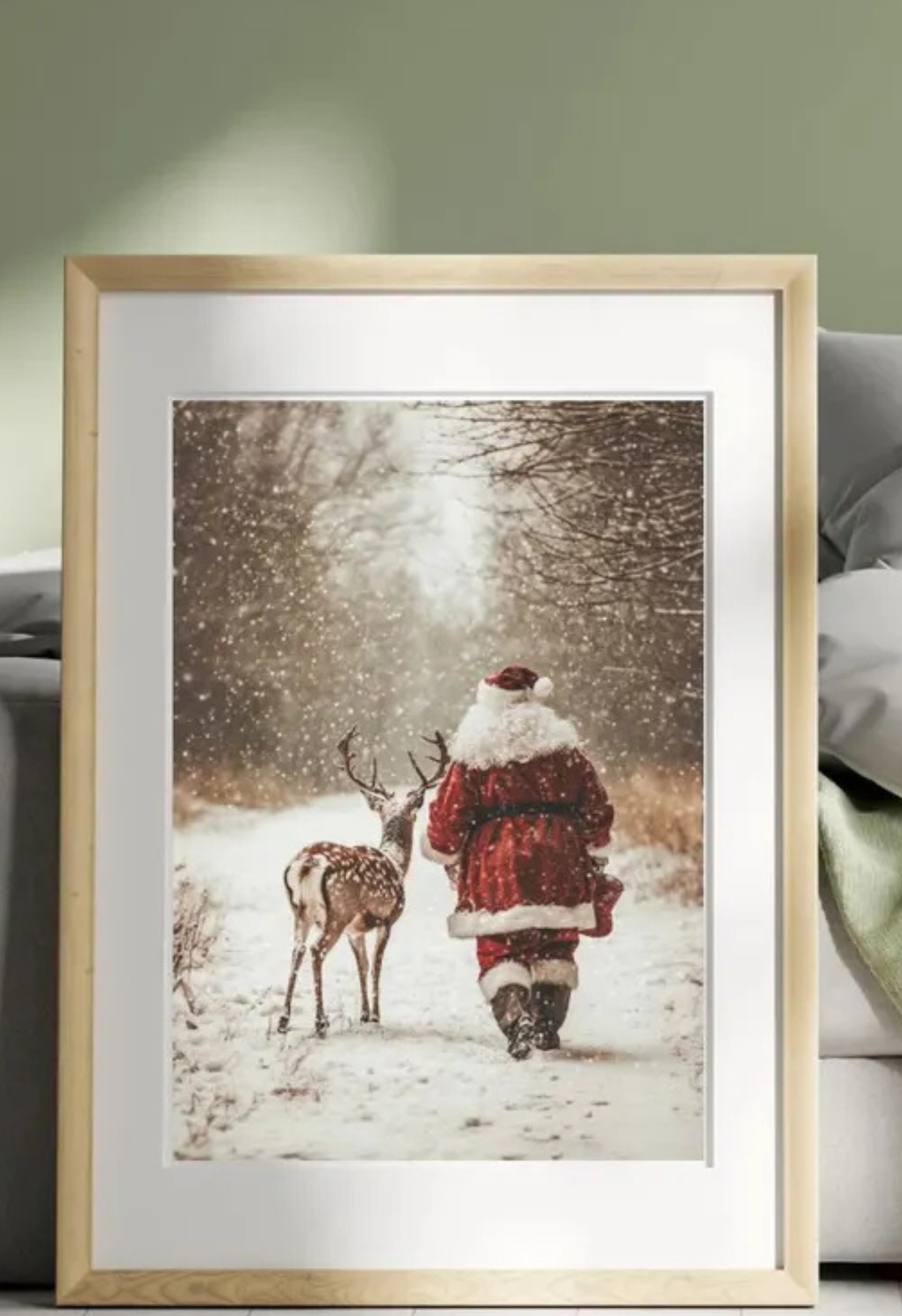 Santa & Reindeer Winter Print 🎅 Christmas Forest Wall Art UK