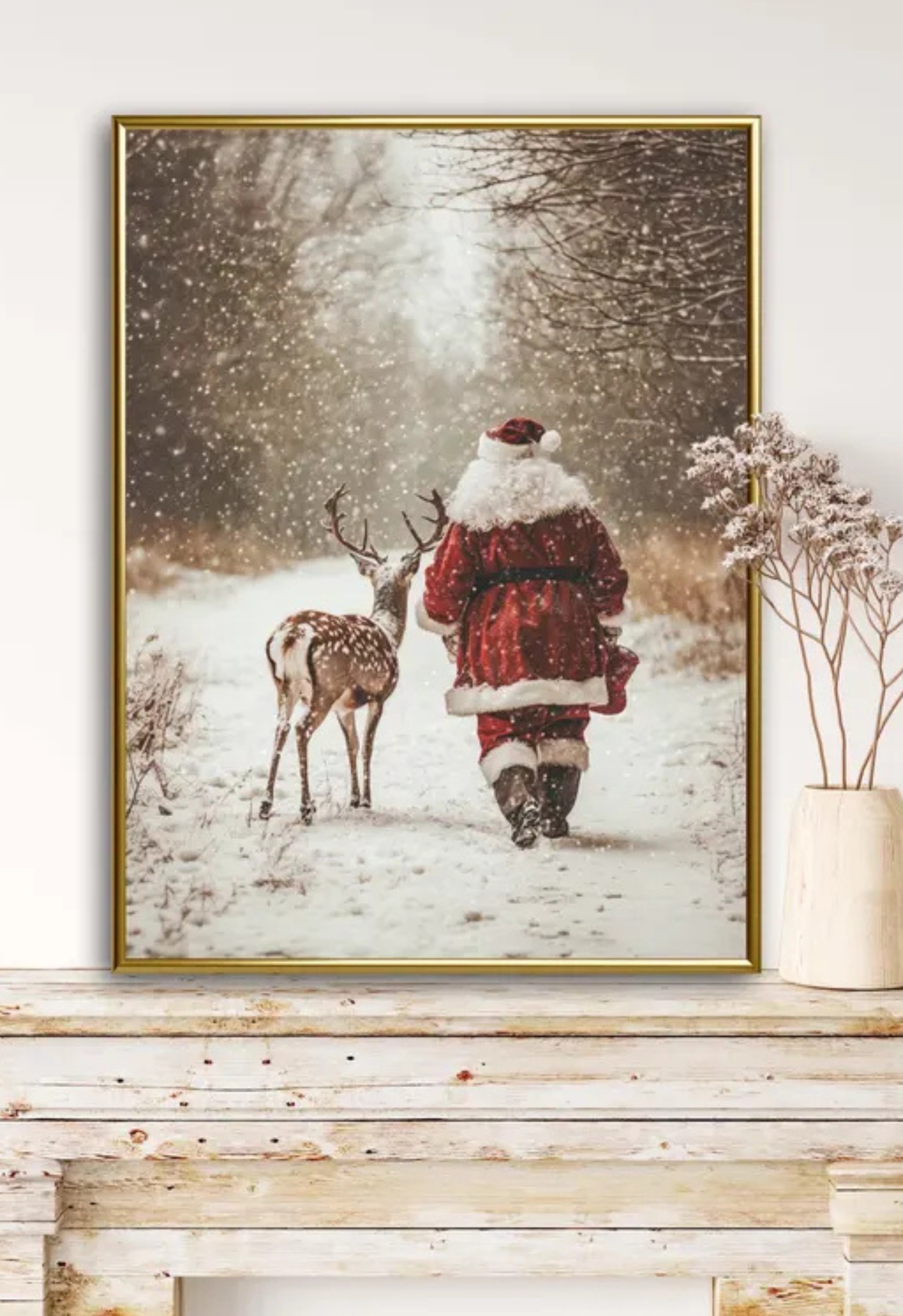 Santa & Reindeer Winter Print 🎅 Christmas Forest Wall Art UK